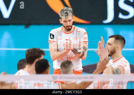Jastrzebie Zdroj, Pologne. 17 janvier 2024. Tomasz Fornal lors du match de la Ligue des champions de volleyball masculin CEV entre Jastrzebski Wegiel et SVG Luneburg le 17 janvier 2024 à Jastrzebie-Zdroj, Pologne. (Photo de PressFocus/Sipa USA) crédit : SIPA USA/Alamy Live News Banque D'Images