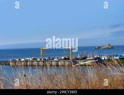 Port Orford, Oregon, est l'un des deux seuls Dolly Docks aux États-Unis. Les palans soulèvent les bateaux hors de l'eau chaque jour. Banque D'Images