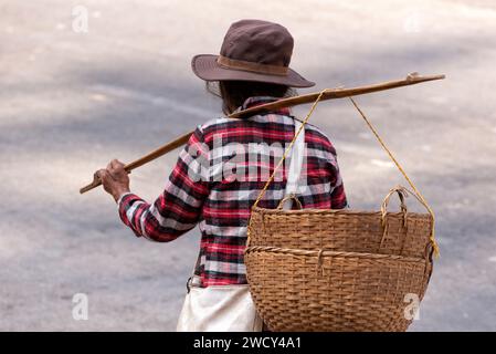 Femme avec un poteau porteur Banque D'Images