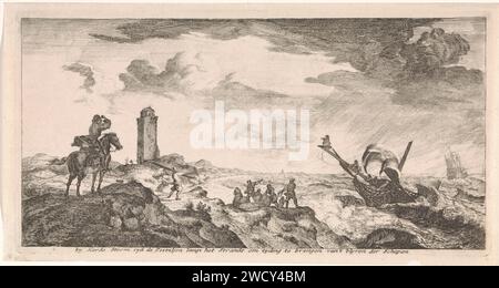 Tempête en mer, Joost van Geel, dans ou après 1666 impression au premier plan, un facteur à cheval regarde une tempête en mer. Un navire périt dans les vagues sauvages. L'impression a une légende néerlandaise avec une explication. Rotterdam papier gravure / gravure mer. Navires (en général) - CC - plus d'un navire. service postal. tempête en mer. naufrage Banque D'Images