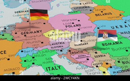 Allemagne et Serbie - épinglez des drapeaux sur la carte politique - illustration 3D. Banque D'Images