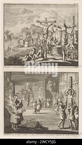 Crucifixion du Saint Timothée de Rome et Saint Maura et les chrétiens sont brûlés la nuit à Rome, Jan Luyken, 1700 imprimer deux représentations sur une plaque. A l'étage : au premier plan, la crucifixion du Saint Timothée de Rome et de Sainte Maura. En arrière-plan, la mort par torture d'autres chrétiens. Ci-dessous : une rue à Rome. il fait nuit. Les martyrs chrétiens sont ligotés sur le bord de la route et incendiés par des soldats romains. Amsterdam paper gravure des églises chrétiennes primitives, par exemple Arméniens, Coptes, Syriens. nuit. mort violente en brûlant sur le bûcher ; bûcher. saints. Saints masculins (avec NOM). fem Banque D'Images