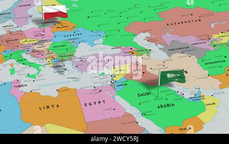 Pologne et Arabie Saoudite - épinglez les drapeaux sur la carte politique - illustration 3D. Banque D'Images