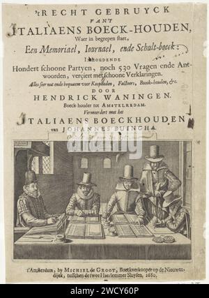 Comptables au travail, Pieter Serwouters, 1680 print école de mathématiques dans laquelle la comptabilité est enseignée. A une table est à gauche, dans une chaise avec auvent, la calculatrice. Trois étudiants écrivent avec des livres de calcul. Un quatrième regarde la table à droite. Une étagère et deux tablettes d'écriture contre la paroi arrière du départ. Là-dessus, la signification « ne juge pas pour le tyt ». Au-dessus de l'image le titre du livre, le nom de l'auteur et un court contenu. Sous l'impression de l'impressum. Amsterdam papier gravure / gravure livre, comptable. étagères. écriture t Banque D'Images