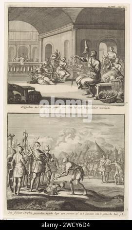 Saint Hesychius d'Antioche tourne la laine et le refus d'un soldat chrétien de se battre, Jan Luyken, 1701 imprimer deux représentations sur une plaque. A l'étage : le Saint Hesychius d'Antioche est dans une usine de tissage avec des femmes et tourne la laine avec une jupe filante. Des soldats viennent le chercher en arrière-plan. Sous : un soldat romain qui s'est converti au christianisme, refuse de combattre dans l'armée et dépose son épée et son armure aux pieds de son commandant. En arrière-plan, le camp de l'armée et les soldats gesticulateurs. Amsterdam papier gravure de saints mâles (avec NOM). distaff. filature (fabrication de fils). l'oreille Banque D'Images