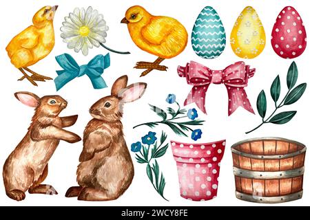 Aquarelle de pâques clipart. Ensemble d'oeufs, panier, lapin, poulet, herbe, branche de fleur de printemps, ruban. Illustration peinte à la main isolée sur le dos blanc Banque D'Images