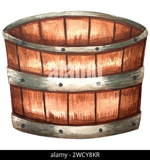 Pots de fleurs en terre cuite aquarelle isolés sur fond blanc. Mignon décor à la main dessiné à partir de pots en bois pour les plantes d'intérieur. Matériel de jardinage cli Banque D'Images