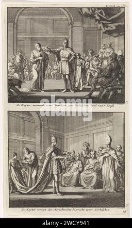 L'empereur enlève un canon de son chapeau richement décoré et confronte l'archevêque à la richesse de l'église, Jan Luyken, 1701 imprimer deux représentations sur une plaque. Ci-dessus : la cour de l'empereur allemand. L'empereur représente un canon et enlève son chapeau richement décoré. Ci-dessous : l'empereur allemand représente un archevêque avec un chapeau richement décoré dans ses mains. Il y pointe et confronte le clergé présent à la richesse et au luxe de l'église. Amsterdam paper gravure des églises chrétiennes primitives, par exemple Arméniens, Coptes, Syriens. emperor. Clercs réguliers, par exemple jésuites, rédemptoriste Banque D'Images