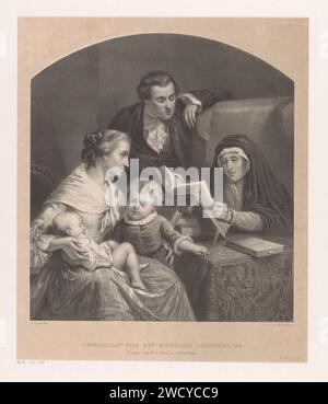 Vieille femme lit à la famille, Carel Christiaan Antony dernier, 1859 imprimer la femme a une pile de livres pour elle-même et lit, peut-être de la Bible. Devant elle se trouve une femme avec deux enfants. Le père de la famille se penche sur la chaise de la vieille femme et lit le long. Le journal de la Haye lisant la Bible ou d'autres livres religieux. groupe familial, en particulier les parents avec leur(s) enfant(s) Banque D'Images