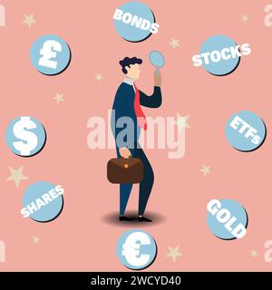 Homme d'affaires recherchant différents concepts d'investissement, espèces, obligations, actions. Concept de choix financier de l'endroit où investir de l'argent. Décision de l'investisseur Illustration de Vecteur
