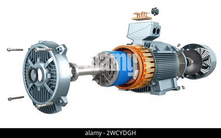 Pièces et structure de moteur électrique, rendu 3D isolé sur fond blanc Banque D'Images