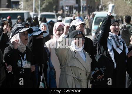 Sanaa, Sanaa, Yémen. 17 janvier 2024. Les femmes yéménites portent des keffiyeh palestiniens traditionnels et chantent des slogans anti-israéliens et anti-américains lors d'une manifestation de solidarité avec le peuple palestinien dans un contexte de conflit en cours entre Israël et le Hamas à Gaza. Mercredi, l'administration Biden a révélé son intention de redésigner le groupe militant houthi comme une organisation terroriste mondiale. Cette décision intervient en réponse aux actions du groupe visant à perturber le commerce mondial dans la mer Rouge, provoquant des attaques militaires contre eux au Yémen. (Image de crédit : © Osamah Yahya/ZUMA Press Wire) ÉDITORIAL Banque D'Images