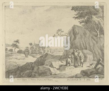 Paysage avec des voyageurs et des bergers, Jan Lauwryn Krafft (I), d'après David Teniers, 1704 - 1765 print avec une route rocheuse, trois hommes se parlent. Sur le champ derrière la route, deux bergers paissent leur troupeau de moutons. Une tour d'église en arrière-plan. Pasteurs sur papier du sud des pays-Bas, éleveurs, bergers, bergers, bergers, bergers, bergers, vache, etc. mouton. 'en route', voyageur en route. chien. église (extérieur). pays de collines basses Banque D'Images