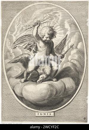 Élément feu comme un enfant avec des éclairs sur le dos de l'aigle, Anonyme, d'après Cornelis van Dalen (II), d'après Abraham van Diepenbeeck, 1648 - 1706 gravure sur papier feu (un des quatre éléments). Attributs de Jupiter Banque D'Images