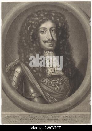 Portrait de l'empereur Léopold Ier, Abraham BLOTELING, d'après C. Morad, 1660 - 1690 tirage Portrait de Léopold Ier, empereur du Saint-Empire romain germanique, archiduc d'Autriche et roi de Hongrie. Il porte un harnais et a une chaîne autour du cou avec le signe de commande de la Toison d'or. L'estampe a une légende latine avec le nom et les titres de la personne représentée. Amsterdam gravure sur papier ordre de chevalerie de la Toison d'or Banque D'Images