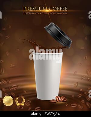illustration de l'icône vector. Tasse à café en papier avec éclaboussure de café sur fond. Torréfacteurs haut de gamme. Illustration de Vecteur