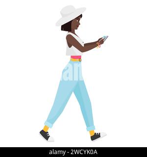 Vue latérale de la marche hipster fille noire avec smartphone. Fille cool avec illustration vectorielle de dessin animé de chapeau blanc Illustration de Vecteur