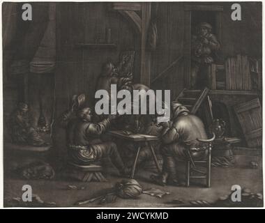Auberge avec des hommes buveurs, Jan van Somer, d'après Adriaen van Ostade, 1655 - 1700 imprimer les hommes parlent et boivent dans une auberge. Un homme fume une pipe et un chien dort par terre. paper inn, café, maison publique, etc. pipe  tabac. boire. chien Banque D'Images