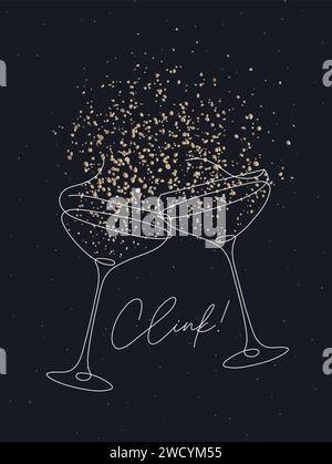 Clink verre de champagne avec dessin d'éclaboussure dans le style de ligne de stylo sur fond noir Illustration de Vecteur