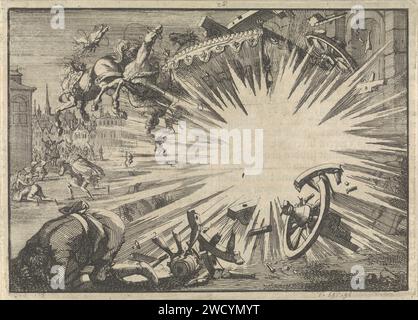 Chariot et les chevaux du roi Louis XIII détruits en explosant une machine infernale, ca. 1625, Jan Luyken, 1698 imprimeur : Amsterdampublisher : Leiden paper graving / typopress printing Gunpowder désastre. véhicule à quatre roues, tiré par des animaux, p.ex. cabine, voiture, autocar Banque D'Images