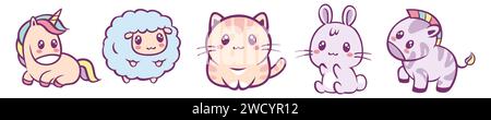 Ensemble d'animaux mignons Kawaii. Joyeux chat et lièvre de dessin animé Illustration de Vecteur