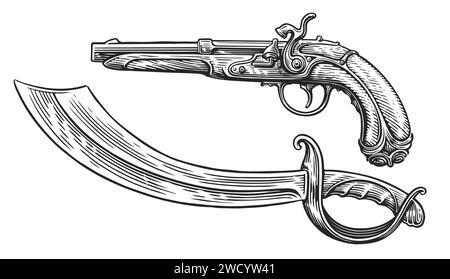 Pistolet vintage et sabre de pirate. Ancien mousquet ou pistolet, croquis d'épée. Illustration vectorielle dessinée à la main Illustration de Vecteur