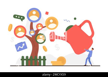 Développement et organisation des employés de l'entreprise par homme d'affaires, gestion d'équipe. Homme minuscule tenant l'arrosoir géant à l'arbre de l'eau avec des portraits de cercle d'employés de bureau illustration vectorielle de dessin animé Illustration de Vecteur