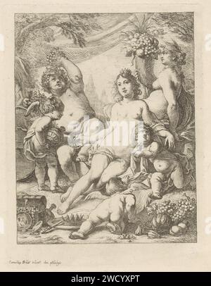 Bacchus, Vénus et Cérès., Cornelis Schut (I), 1618 - 1655 estampe Cérès et Vénus sont assis à côté d'une corne d'abondance. Deux putti jouent sur le sol. Un autre putto verse un bol plein pour Vénus. Bacchus mange dans un évent de raisin, appuyé sur un tonneau de vin. Sur le sol se trouve une boîte avec des objets de valeur, à côté se trouve une couronne et un sceptre. Gravure sur papier / gravure sans la COUVERTURE ET BACCHO CLOU DE GIROFLE Vénus.' Coffre à argent, coffre au Trésor, boîte à argent Banque D'Images