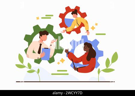 Développement et productivité d'une équipe forte et dévouée. La coopération de l'entreprise et la structure de travail d'entreprise avec des rôles efficaces pour les employés, des parties de l'illustration vectorielle de dessin animé de mécanisme d'engrenage Illustration de Vecteur