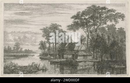 Vue sur la rivière avec Hengelaars, Hermanus Jan Hendrik Rijkelijkhuizen, 1823 - 1883 imprimer Une rivière avec quelques maisons et deux tiges sur le front de mer. Au premier plan un groupe de canards et deux saules pollards. En arrière-plan les contours d'une église. Papier Utrecht. pêcheur de gravure / point sec. rivière. bateau à rames, canoë, etc. ferme ou maison solitaire dans le paysage. église (extérieur). arbres : saule. oiseaux aquatiques : canard Banque D'Images