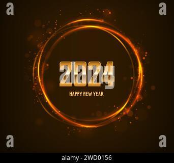 Bonne année. Numéros de golen réalistes 2024 avec anneau lumineux et étincelles. Illustration de Vecteur