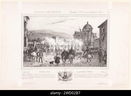 Départ du quartier général de l'armée française de Nice et portrait de Napoléon Bonaparte, Victor Adam, 1829 - 1830 estampe les soldats de l'armée d'Italie, dont le général Napoléon Bonaparte avait reçu le commandement suprême en mars 1796, réunis sur une place de Nice. Au milieu Napoléon et autres officiers à cheval. Les soldats étaient mal nourris, mais Napoléon leur parlait de courage et rétablissait la discipline. Imprimeur : Parisprinter : Parispublisher : Parispublisher : Londonpublisher : Brussels Paper Army 'en route'. personnages historiques Banque D'Images