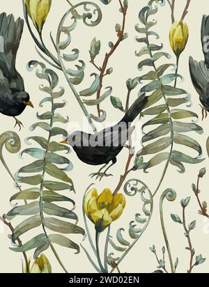 Motif floral aquarelle de printemps dessiné à la main sans couture. Avec des oiseaux noirs, des fleurs de crocus, des fougères et des branches. Pour la conception de tissu et de papier peint Banque D'Images
