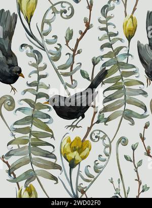 Motif floral aquarelle de printemps dessiné à la main sans couture. Avec des oiseaux noirs, des fleurs de crocus, des fougères et des branches. Pour la conception de tissu et de papier peint Banque D'Images