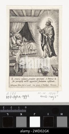 Ignatius van Loyola a une vision de Petrus, Hieronymus Wierix, 1611 - 1615 imprimer Ignatius van Loyola est blessé dans son lit après le siège de Pampelune. Pour lui une vision de Saint Pierre. Au premier plan un petit lion et un chat. Dans la marge, une légende bidirectionnelle en latin. Anvers gravure sur papier St. Peter apparaît à la rue blessée Ignace de Loyola après le siège de Pampeluna Banque D'Images