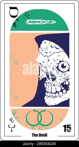 Carte de tarot égyptien appelée le diable. Gros plan du crâne avec capuche bleue. Illustration de Vecteur