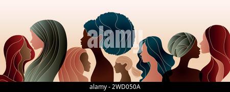 Silhouette de groupe de femmes multiculturelles. Journée internationale de la femme. Diversité - inclusion - concept d'égalité ou d'autonomisation. Anti-racisme. Bannière Illustration de Vecteur