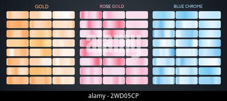 Ensemble de textures métallisées or et argent. Jeu de dégradés métallisés or, or rose et bleu chromé Illustration de Vecteur