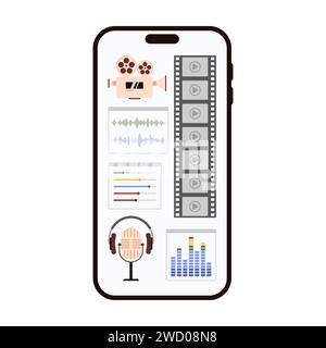 Édition des paramètres vidéo et audio dans l'application mobile éditeur du téléphone. Vue avant de l'écran du smartphone avec des curseurs d'interface pour éditer le son et la timeline, couper des cadres d'animation illustration vectorielle de dessin animé Illustration de Vecteur