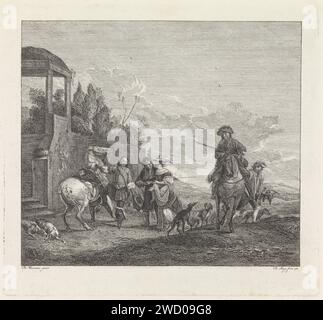 Début de la chasse, Robbert Muys, après Philips Wouwerman, 1761 impression avec un champignon, un cavalier avec un pied est dans l'étrier. A côté de lui se trouvent un homme et une femme. A droite un homme à cheval et un fauconnier. Entre les figures différents chiens de chasse, à droite un mur, un toit et un escalier. Assemblage de gravure de papier Rotterdam, 'départ pour la chasse'. Chiens de chasse. Fowling, Fowler Banque D'Images