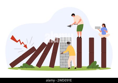 Gestion proactive des risques. Petites personnes construisant un mur de briques pour éviter de tomber domino, contrôler la vulnérabilité et gérer l'impact du danger, planifier la prévention, action pour la stabilité illustration vectorielle de dessin animé Illustration de Vecteur