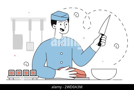 Chef de sushi avec vecteur de couteau linéaire Illustration de Vecteur