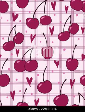 Cerises ludiques et coeurs motif vectoriel sans couture, idéal pour le tissu, l'emballage, le textile. Illustration vectorielle Illustration de Vecteur