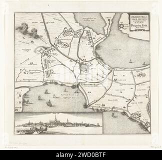 Siège Van Hulst, 1645, Anonyme, 1645 imprimer Siège et conquête de Hulst par l'armée d'État dirigée par Frederik Hendrik du 28 septembre au 5 novembre 1645. Plan de la ville de Hulst et du pays environnant avec les alentours et les camps de l'armée des assiégeants. En bas à gauche un profil de la ville. Allemagne papier gravure cartes de pays ou de régions distincts. Siège, position guerre Holly Banque D'Images