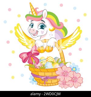 Mignonne licorne de dessin animé avec crinière arc-en-ciel et queue isolée sur un fond blanc. Caractère licorne. Illustration vectorielle couleur Illustration de Vecteur