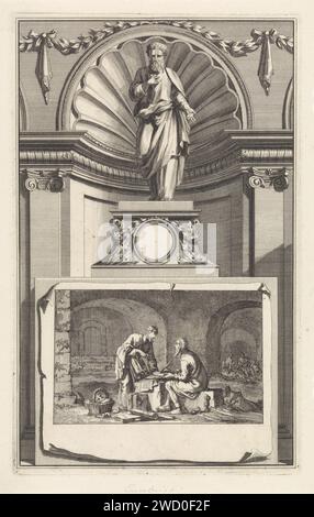 Père de l'église Eusebius van Caesarea, Jan Luyken, d'après Jan Goeree, 1698 imprimer le père de l'église Eusebius van Caesarea, debout sur un piédestal. Sur le devant la scène dans laquelle il est visité en prison par son professeur Pamphilus de Césarée. Amsterdam gravure sur papier / gravure de saints mâles (EUSEBIUS DE CÉSARÉE). Saints masculins (avec NOM). prison, prison Banque D'Images