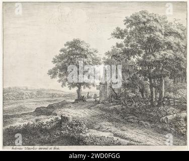 Big Lindeboom pour une auberge, Anthonie Waterloo, 1630 - 1663 imprimer Une route de campagne mène à une auberge. Il y a quelques voyageurs devant l'auberge. À gauche du chemin se trouve un grand arbre de tilleul. Paysages de gravure sur papier d'Amsterdam. route, chemin. arbres : linden. auberge, café, maison publique, etc. 'en route', voyageur en route Banque D'Images