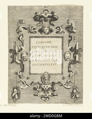 Cartouche avec une citation de Sallustius, Frans Huys, d'après Hans Vredeman de Vries, 1555 imprimer Citation : Privs QVAM Incipias Consvlto : ET VBI Consvlveris, Mat -Estate facto Ops est in cartouche. Il y a quatre mascarons sur le cartouche. Gauche et en bas à droite accroche un fruitros. Arrière-plan ombré. De la série de page de titre et 12 magazines avec cartouches avec des citations d'écrivains classiques dans un cadre de travail roulant avec grotesken, mascarons et guirlandes. Pays-Bas (éventuellement) ornement gravure papier  cartouche. masque, mascaron  ornement Banque D'Images