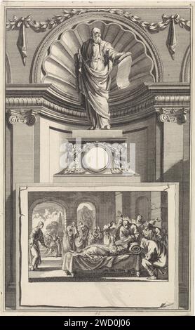 H. Johannes chrysostomus, kerkvader, Jan luyken, d'après Jan Goeree, imprimer le père de l'église sainte John Chrysostomus, debout sur un piédestal. Sur le devant une scène dans laquelle Chrysostomus meurt après avoir été abusé plusieurs fois. Amsterdam gravure sur papier / gravure l'archevêque de Constantinople, Jean Chrysostome ; attributs possibles : ruche, colombe. L'archevêque de Constantinople, Jean Chrysostome ; attributs possibles : ruche, colombe - martyre, souffrance, malheur, mort du saint mâle Banque D'Images