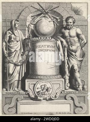 Tirage titre avec Hercule et personnification de l'Histoire, Pieter de Jode (II), d'après Erasmus Quellinus (II), 1638 - 1644 tirage titre imprimé intitulé en latin sur une écurie perçante, flanqué de la personnification de l'Histoire et d'Hercule. Au-dessus de l'écurie Pieth un globe avec des trompettes, une épée et une ceinture. Dans un cartouche sous l'écurie Pieth un médaillon avec Zeus et l'Europe. Tirage titre pour une série de cent quatre-vingts tirages avec portraits. Anvers gravure sur papier / gravure (histoire de) Hercules (Heracles). 'Historia' ; 'Historia' (Ripa). Jupiter, généralement en forme de taureau blanc, enlève EUR Banque D'Images